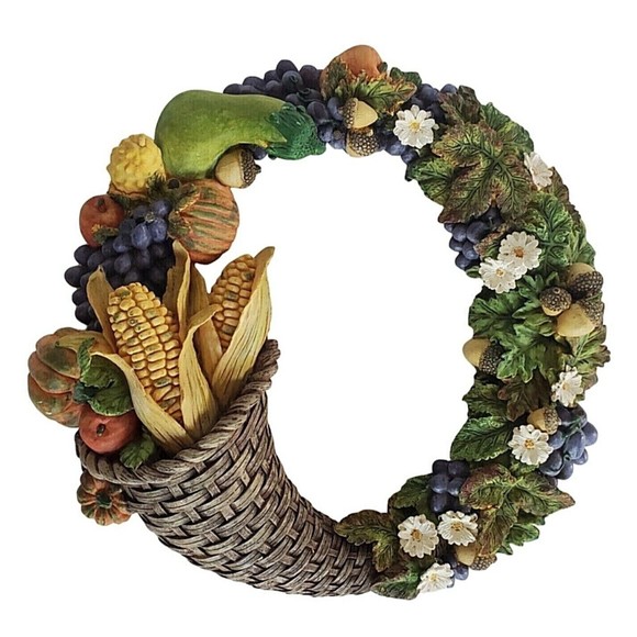 Thanksgiving Cornucopia Harvest Bounty & Flower Wreath All-Weather Wall Hanging - Picture 1 of 7